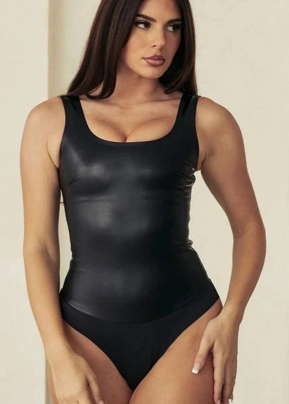 Pinsy Women's Black Bonded Scoop Tank Shapesuit Bodysuit Size Large